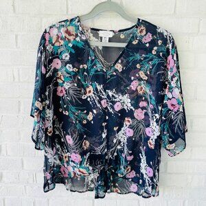 Janette Plus USA Sheer Popover 3/4 Sleeve Blouse Sz 3x Dark Floral Whimsigoth